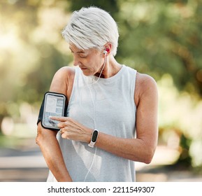 Senior Woman With Phone Running App For Steps, Fitness And Training Exercise Tracking While On Run, Walk Or Cardio Workout. Retirement Lifestyle, Runner And Elderly Wellness Person With Health Goal