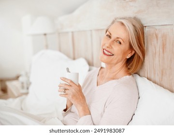 Senior woman, portrait and drinking tea in bedroom for relax or comfort on weekend with break, rest and reflection. Elderly, female person and remember in happiness, morning routine or memory in home - Powered by Shutterstock
