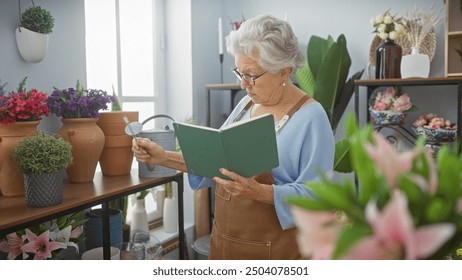 Senior woman reads a book inside a vibrant flower shop surrounded by colorful blooms and greenery. - Powered by Shutterstock