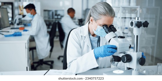 Senior woman, research and lab microscope for info and work for medical analysis. Scientist, investigation and laboratory expert with covid and healthcare report for virus monitoring and data