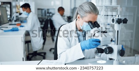 Senior woman, research and lab microscope for info and work for medical analysis. Scientist, investigation and laboratory expert with covid and healthcare report for virus monitoring and data