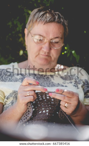 Senior Woman Short Hair Crocheting Brown Stock Photo Edit Now