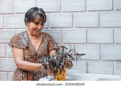 A senior woman with short hair and a floral dress is carefully inspecting her potted plant in the garden. Her expression shows satisfaction and contentment. - Powered by Shutterstock