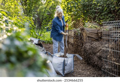 Senior woman shoveling compost heap in her garden
 - Powered by Shutterstock