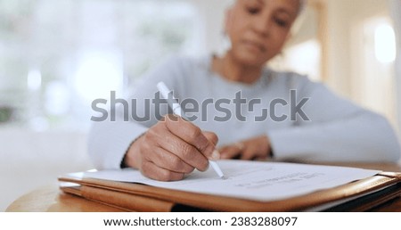 Senior woman, sign and writing with documents, paperwork and application for life insurance policy. Person, hand and checklist for compliance, investment or will in retirement with signature in home