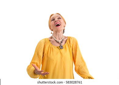 Senior Woman Singing. Old Lady On White Background. Power Of Voice.