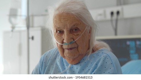 Senior Woman Sitting On Hospital Bed And Looking At Camera. Portrait Of Aged Female Patient With Oxygen Nasal Tube Resting In Hospital Ward. Healthcare And Retirement Concept