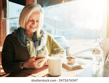 Senior woman, smartphone and coffee in cafe for breakfast, app and digital menu with happiness in city. Elderly person, smile and tea in Sweden at restaurant with phone for email, chat and internet - Powered by Shutterstock