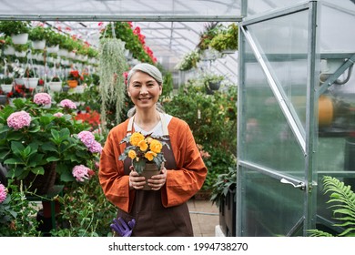 Senior Woman Is Standing At The Greenhouse And Feeling Great