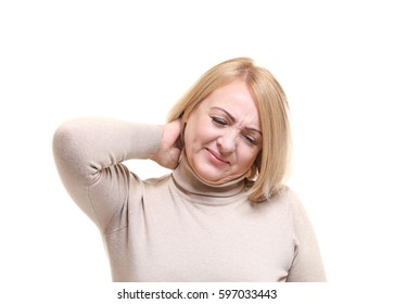 Senior woman suffering from neck pain, on white background