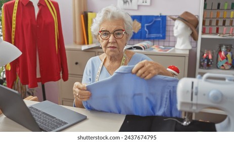 Senior woman tailor with glasses in atelier holding fabric near sewing machine and mannequin. - Powered by Shutterstock