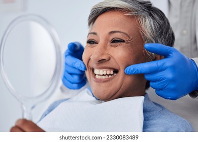 Senior woman, teeth and smile for dentist in dental care, appointment or checkup at the clinic. Happy elderly female person smile for tooth whitening, cleaning or oral, mouth and gum care at hospital - Powered by Shutterstock