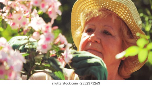 Senior woman trimming flowers in garden on a sunny day - Powered by Shutterstock