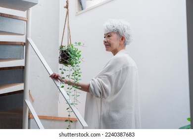 Senior woman walking up and down stairs in good spirits - Powered by Shutterstock