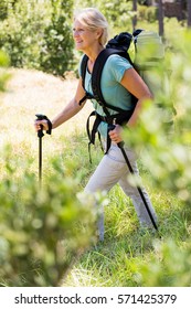 Senior Woman Is Walking With Her Stick In A Forest