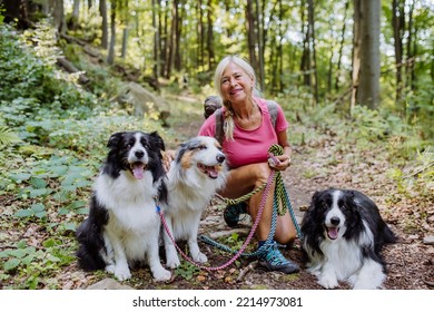 Senior Woman Walking With Her Three Dogs In Forest.