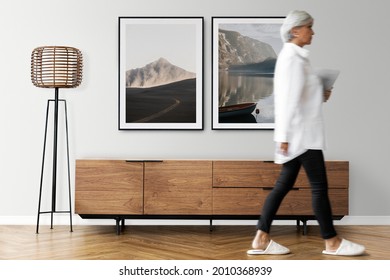 Senior Woman Walking In A Japandi Living Room