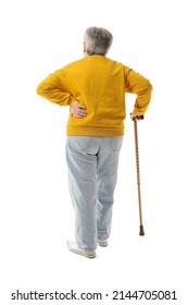 Senior Woman With Walking Stick Suffering From Back Pain On White Background