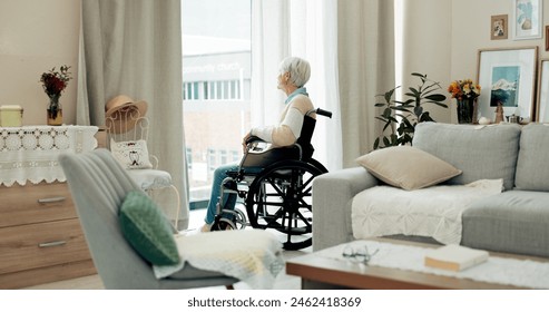 Senior woman, wheelchair and thinking by window in retirement for dream, memory or remember at home. Elderly female or person with a disability sitting and looking out glass at the city in the house - Powered by Shutterstock