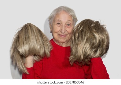 Senior Woman With A Wig Hair, Beauty Details, Hair Concept