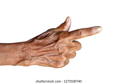 Senior Woman's Hands Forefinger Pointing Isolated On White Background, Old Hand Showing Counting Number 1 (one), Old Hands Point For Concept Touch Screen Pointing Finger On Mobile Screen And Tablet