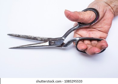 Senior Woman's Hands Holding Scissors Isolated On White Background, About Tailor