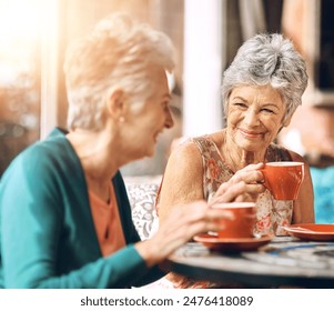 Senior women, coffee and relax at cafe for retirement, communication and happiness on vacation. Elderly, female friends or tea in restaurant with conversation, smile for travel or holiday in Portugal - Powered by Shutterstock