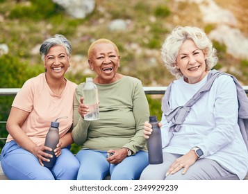 Senior women, fitness or portrait of friends in outdoor activity together for health or exercise in retirement. Support, diversity or happy elderly people drinking water to relax on break in training - Powered by Shutterstock