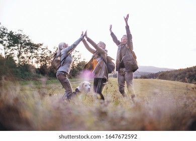 Senior Women Friends With Dog On Walk Outdoors In Nature.