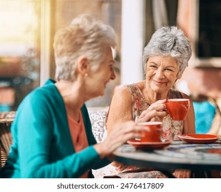 Senior women, friends and smile in cafe for coffee, bonding and retirement together with happiness. Elderly people, reunion and memory in restaurant for relax, conversation and wellness with tea - Powered by Shutterstock