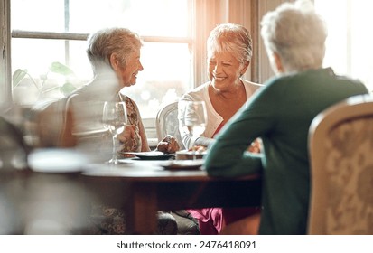 Senior women, friends and smile in restaurant for wine, vacation and retirement together with happy. Elderly people, reunion and relax in diner for drinks, holiday and social celebration with memory - Powered by Shutterstock