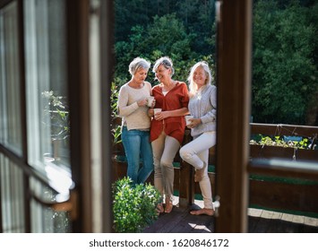 Senior Women Friends Standing Outdoors On Terrace, Resting.