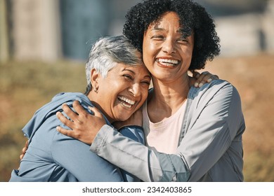 Senior women, hug and laugh closeup with fitness and exercise outdoor for health. Elderly people, sport training and happy friends with excited bonding and embrace after running of a mature athlete - Powered by Shutterstock