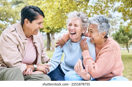 Senior women, laughing and bonding in comic joke, funny meme or silly story in nature park, grass garden or environment. Smile, happy and diversity elderly friends with humour in relax retirement fun - Powered by Shutterstock