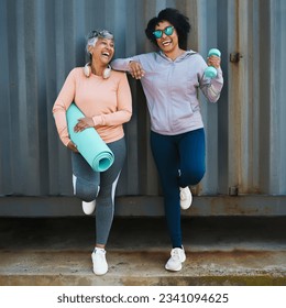 Senior, women and yoga with fitness, happiness with friends and health, wellness with laughter and cool outdoor. Happy female people exercise, pilates and workout equipment with vitality and comedy - Powered by Shutterstock