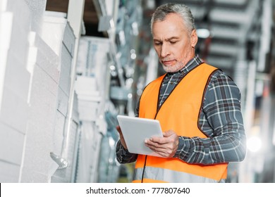 senior worker in safety vest using digital tablet in storehouse - Powered by Shutterstock