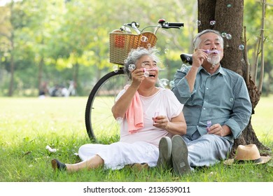 seniors couple blowing bubbles together in a park - Powered by Shutterstock