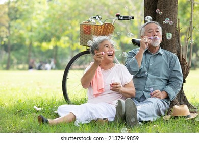 seniors couple blowing bubbles together in a park