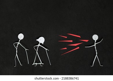 Seniors Or Old People Verbal And Emotional Abuse Concept. Stick Man Figure Shouting Or Yelling On Elderly Couple Stick Figure In Dark Black Background Creative Composition.