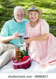 Seniors On A Romatic Picnic Toasting With Wine Glasses.