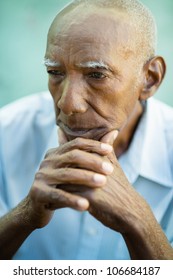 Seniors Portrait Of Contemplative Old African American Man Looking Away. Copy Space