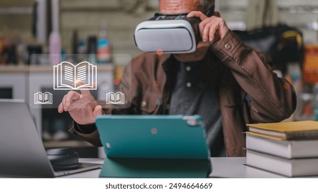 Seniors in technology classes with VR headset, Adult Learning. A senior adult man embraces education and learning through technology, using a VR headset in virtual classes with modern devices. - Powered by Shutterstock