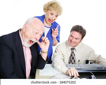 Seniors With Their Accountant, Excited About Getting A Big Tax Refund.  White Background