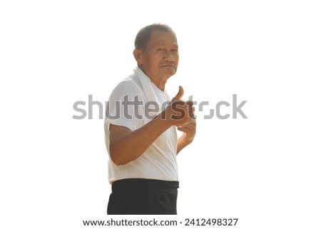 Seniors in white shirts give a thumbs up while exercising isolated onwhite background.