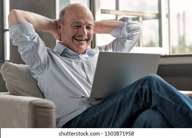 Seniror Hispanic Man In Living Room With Laptop Smiling Searching Information In Internet.