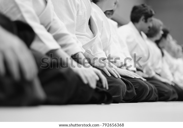 合気道のセミナーで 先生生徒がマットに並んで座る の写真素材 今すぐ編集