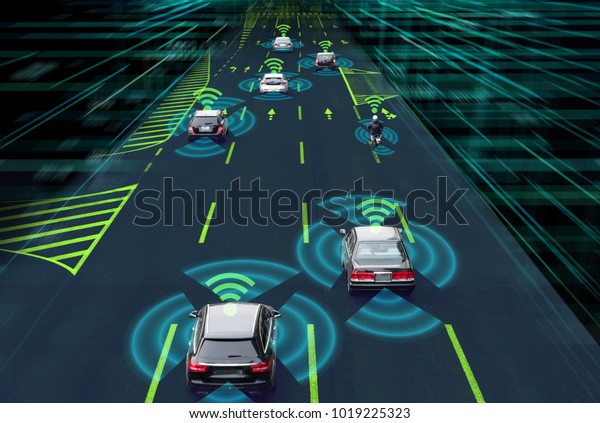 Sensing\
system and wireless communication network of vehicle. Autonomous\
car. Driverless car. Self driving vehicle.\
