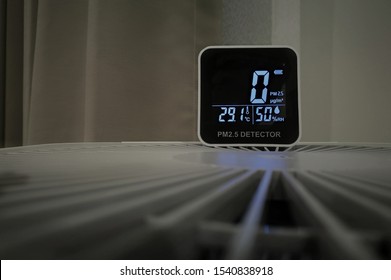 Sensor Detects No Small Harmful Dust Particles In The Air. Measuring Indoor Air Quality And Air Purifier Effectiveness. Air Purifier Work Well No Dust Found In An Interior Space. Healthy Indoor Space