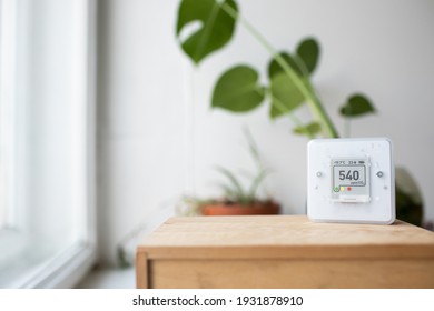 CO₂ sensor monitor. Indoor air quality sensor. Healthy work environment. Work from home. Control proper ventilation in your levels airflow in the room. Carbon dioxide levels and airflow. Smart home