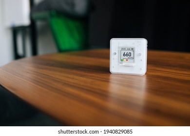 CO₂ Sensor Monitor. Indoor Air Quality Sensor. Healthy Work Environment. Work From Home. Control Proper Ventilation In Your Levels Airflow In The Room. Carbon Dioxide Levels And Airflow. Smart Home